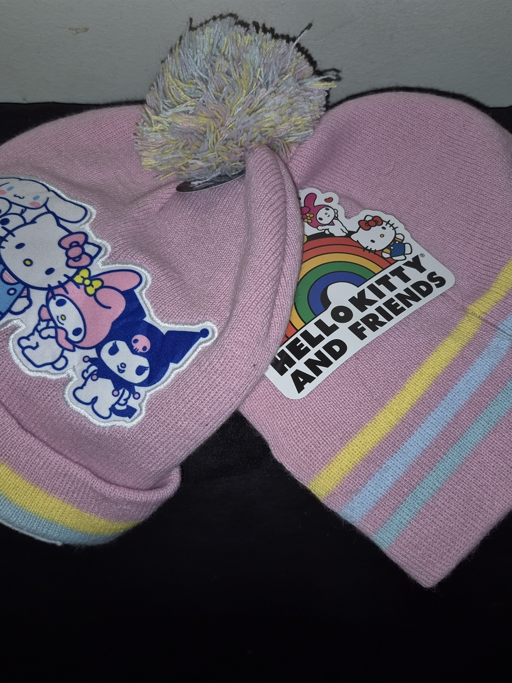 Hello Kitty Pink Pom-Pom Beanie with Pastel Stripe Trim